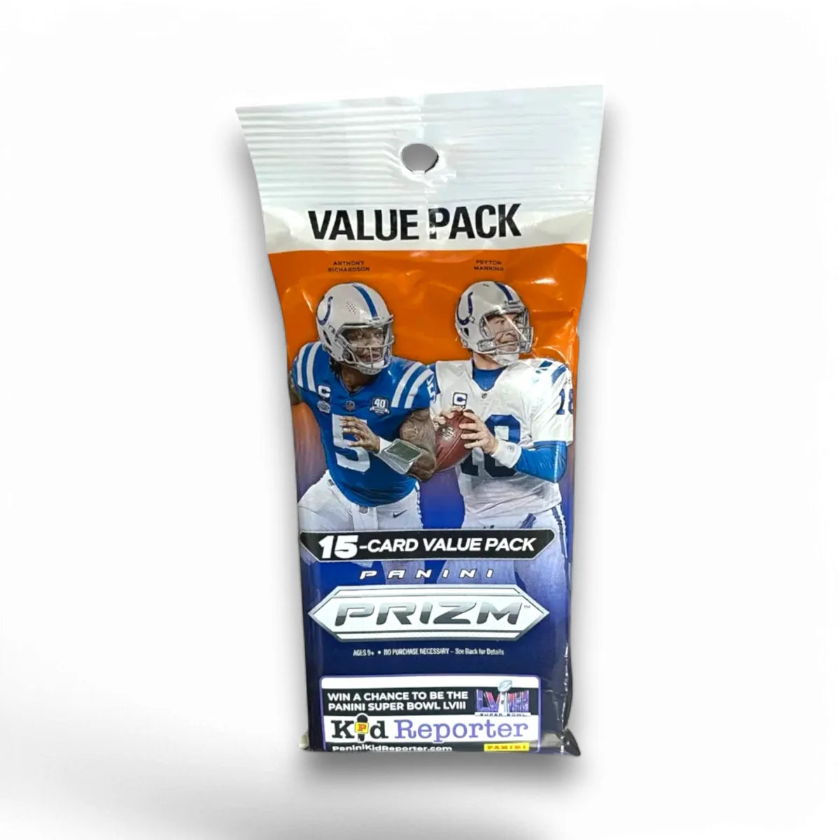 A sealed original retail packaging of 2023 Panini Prizm Football Value Pack featuring two football players on the front.