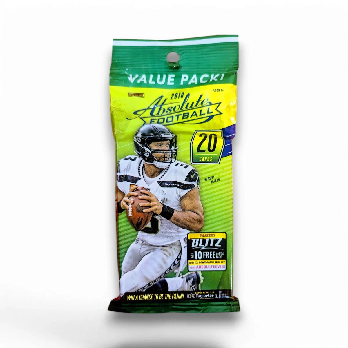 A value pack of 2018 Panini Absolute Football cards featuring an image of an NFL player in mid-action throw, with green accents and text on the packaging.