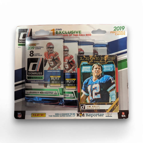 Packaging of 2019 Panini Donruss Football Blister Pack with four 8-card cello packs and a 'Legends of the Fall Red' parallel card displayed.