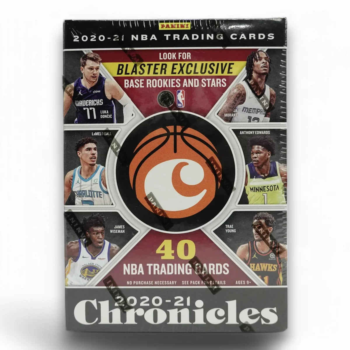 A sealed blaster box of 2020-21 Panini Chronicles Basketball cards featuring images of NBA players and the text 'Look for BLASTER EXCLUSIVE BASE ROOKIES AND STARS'.