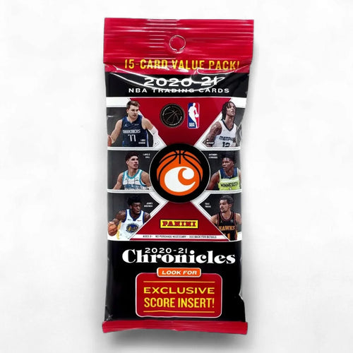 Packaging of 2020-21 Panini Chronicles Basketball Value Pack with images of basketball players and the Panini logo.