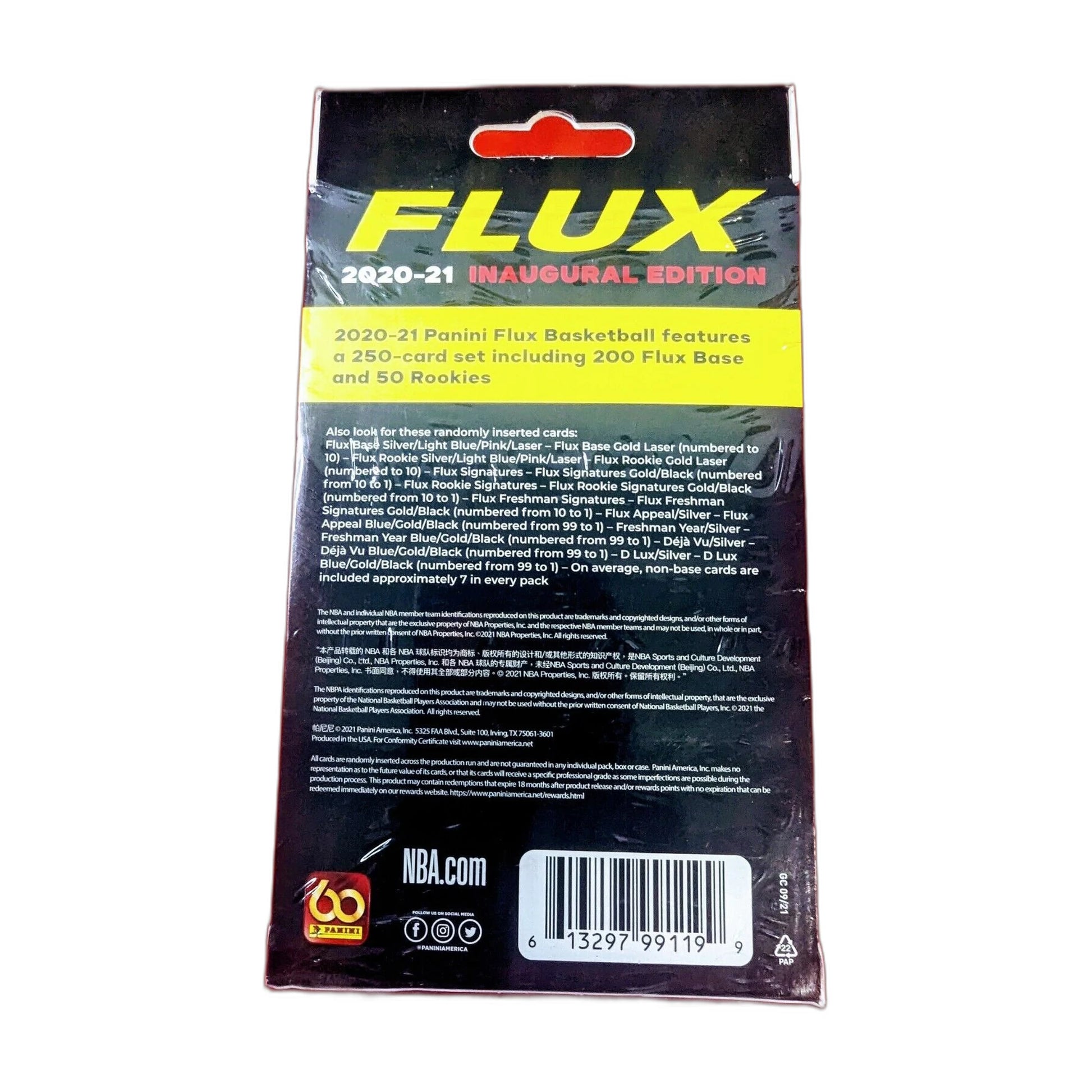Back of a sports trading card pack with 'FLUX' branding and NBA.com logo.