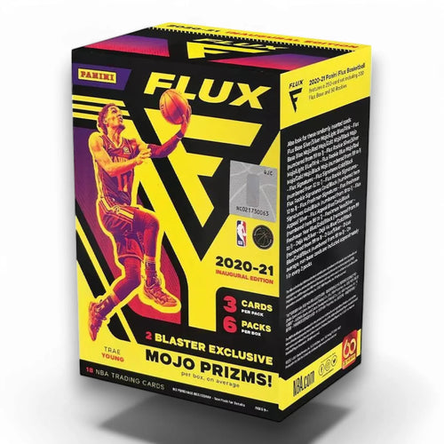 A sealed retail packaging box of 2020-21 Panini Flux Basketball cards featuring an image of a basketball player in action.