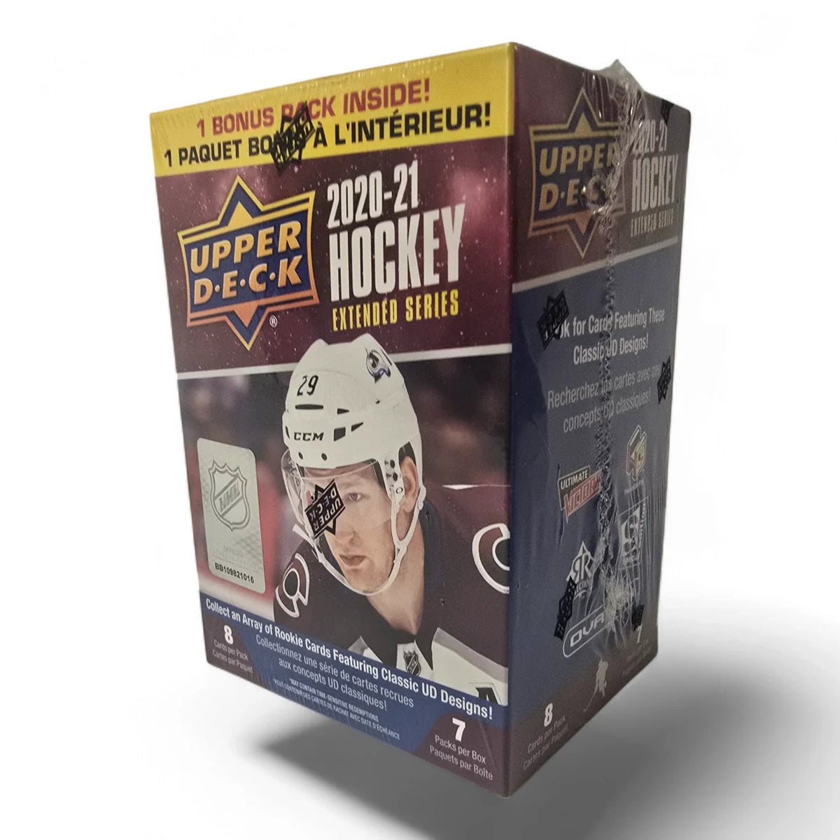A sealed blaster box of 2020-21 Upper Deck Extended Series Hockey trading cards with a picture of an NHL hockey player on the packaging.