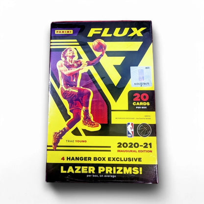 A sealed original retail packaging of 2020-21 Panini Flux Basketball Hanger Box featuring a yellow and black design with an image of a basketball player and the text '20 cards included', along with the Panini logo.