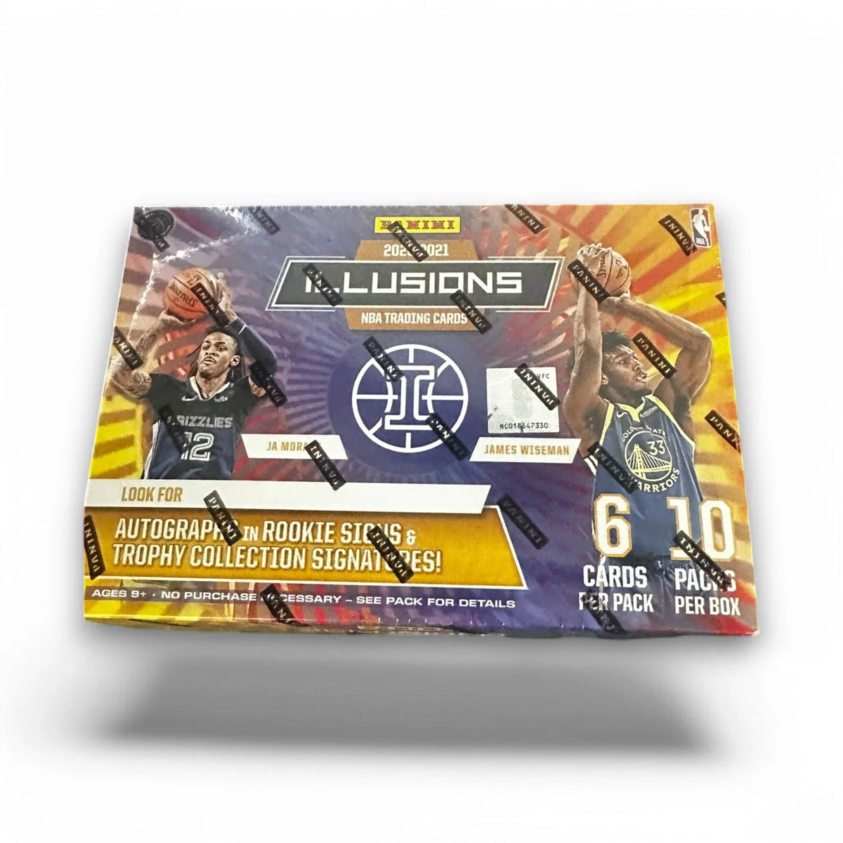 Packaging for 2020-21 Panini Illusions Basketball Mega Box with visible basketball players and product information.