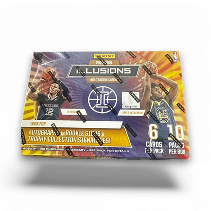 Packaging for 2020-21 Panini Illusions Basketball Mega Box with visible basketball players and product information.