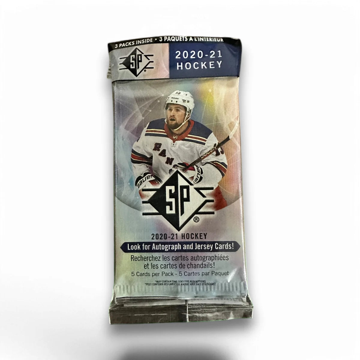 Packaging for 2020–21 Upper Deck SP Hockey 3-Pack Multi-Pack with an image of a hockey player and the Upper Deck logo.