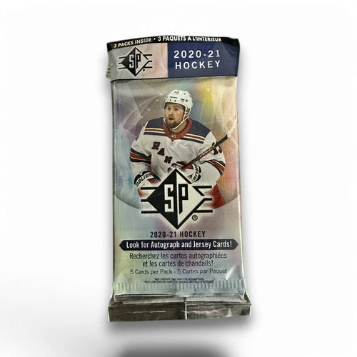 Packaging for 2020–21 Upper Deck SP Hockey 3-Pack Multi-Pack with an image of a hockey player and the Upper Deck logo.