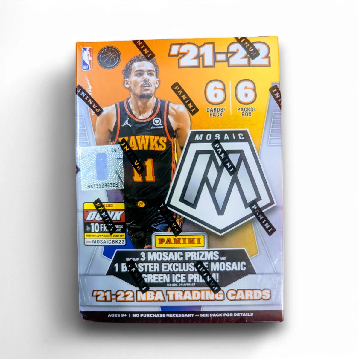 Packaging for 2021-22 Panini Mosaic Basketball Blaster Box featuring a card with a player's image and the Panini logo.