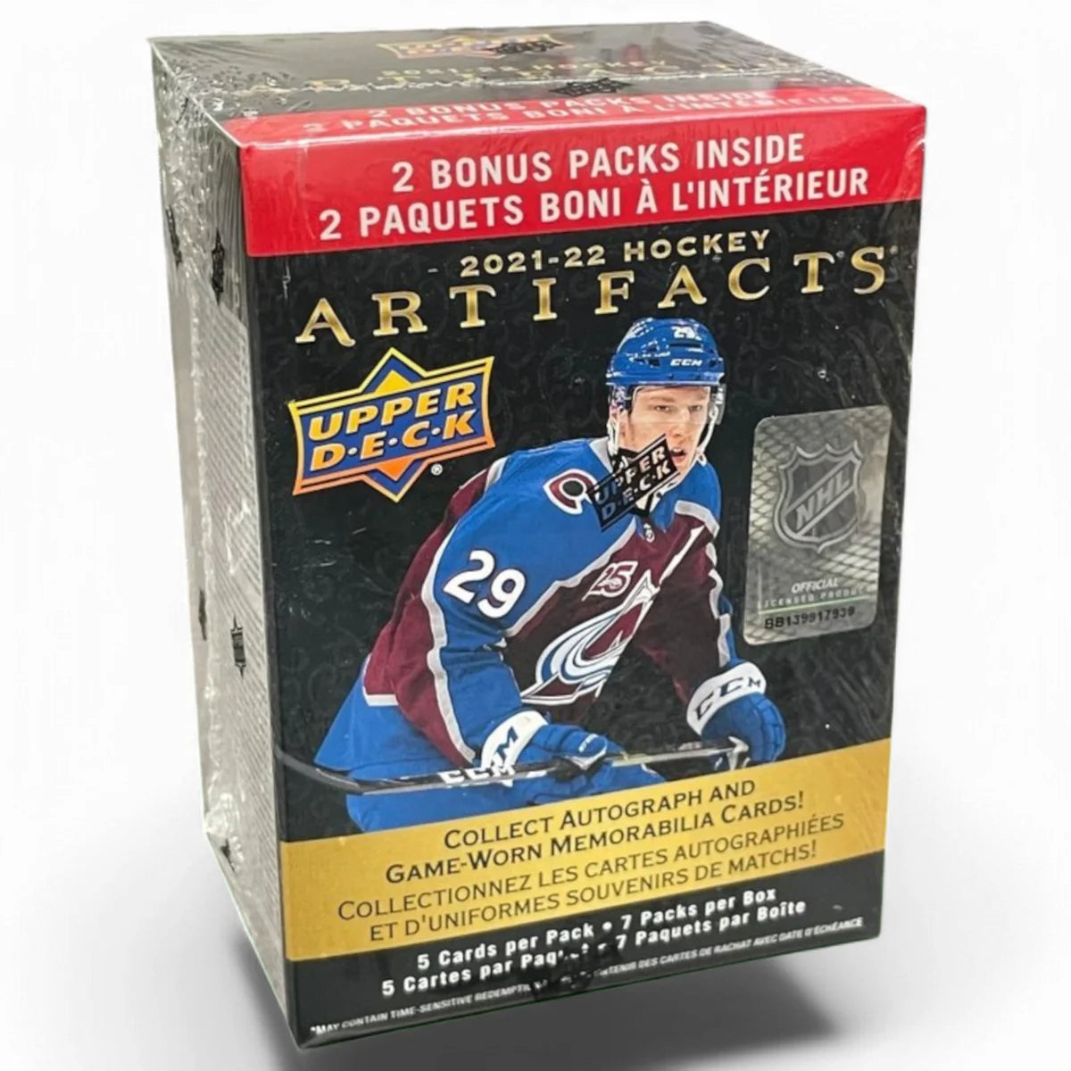 A sealed blaster box of 2021-22 Upper Deck Artifacts Hockey cards, featuring images of hockey players and the text detailing the card packs inside.