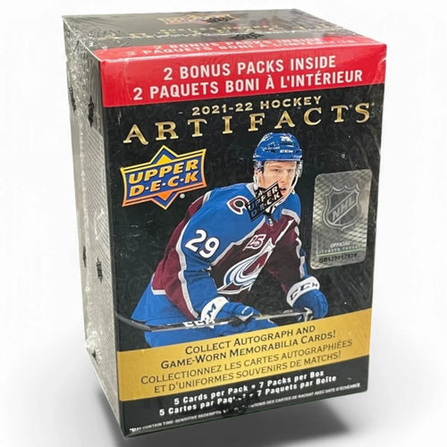 A sealed blaster box of 2021-22 Upper Deck Artifacts Hockey cards, featuring images of hockey players and the text detailing the card packs inside.