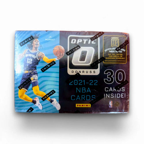 A sealed retail blaster box of 2021-22 Panini Donruss Optic Basketball cards featuring an image of a basketball player on the front.