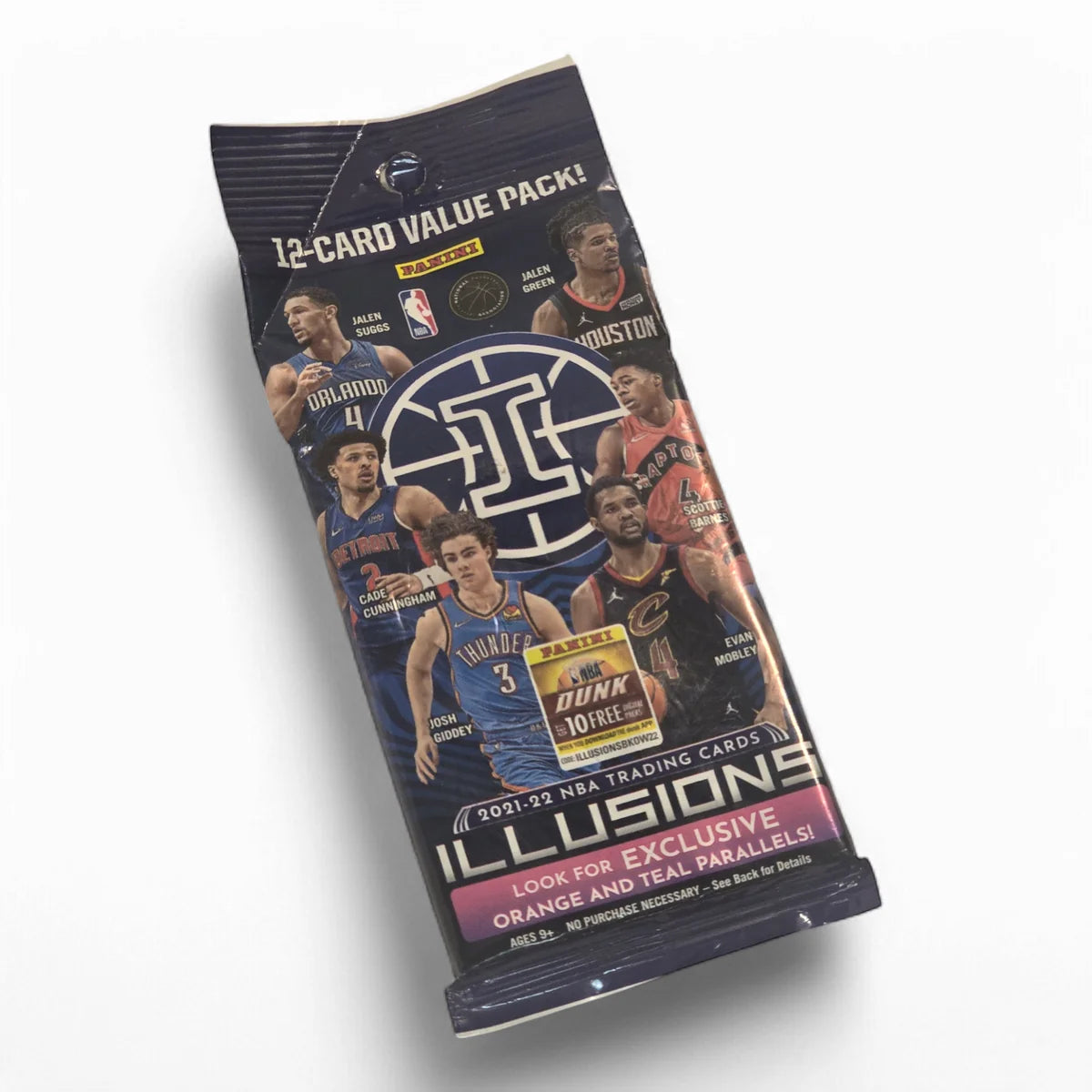 Packaging of 2021-22 Panini Illusions Basketball Value Pack with images of basketball players and brand logos.