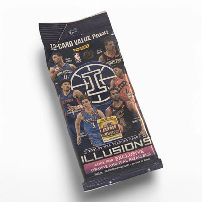 Packaging of 2021-22 Panini Illusions Basketball Value Pack with images of basketball players and brand logos.