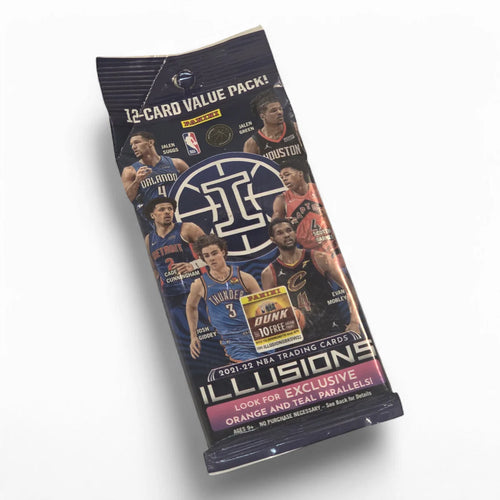 Packaging of 2021-22 Panini Illusions Basketball Value Pack with images of basketball players and brand logos.