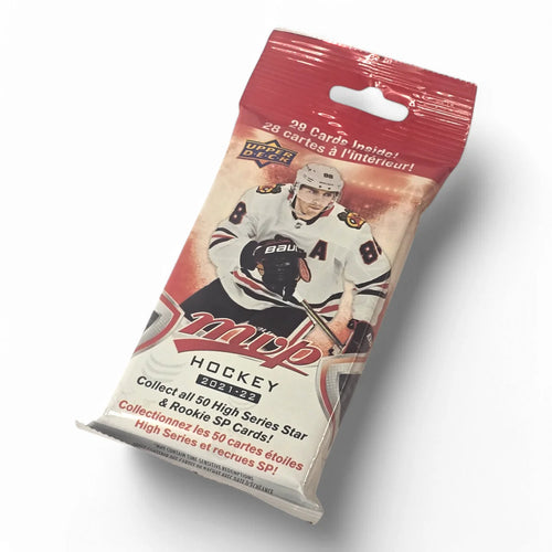 Sealed value pack of 2021-22 Upper Deck MVP Hockey trading cards featuring a hockey player on the packaging.