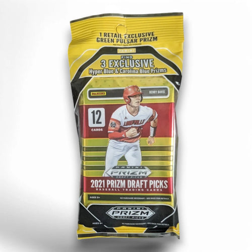 Packaging of 2021 Panini Prizm Draft Picks Baseball Cello Multi Pack with display window showing a baseball trading card inside.