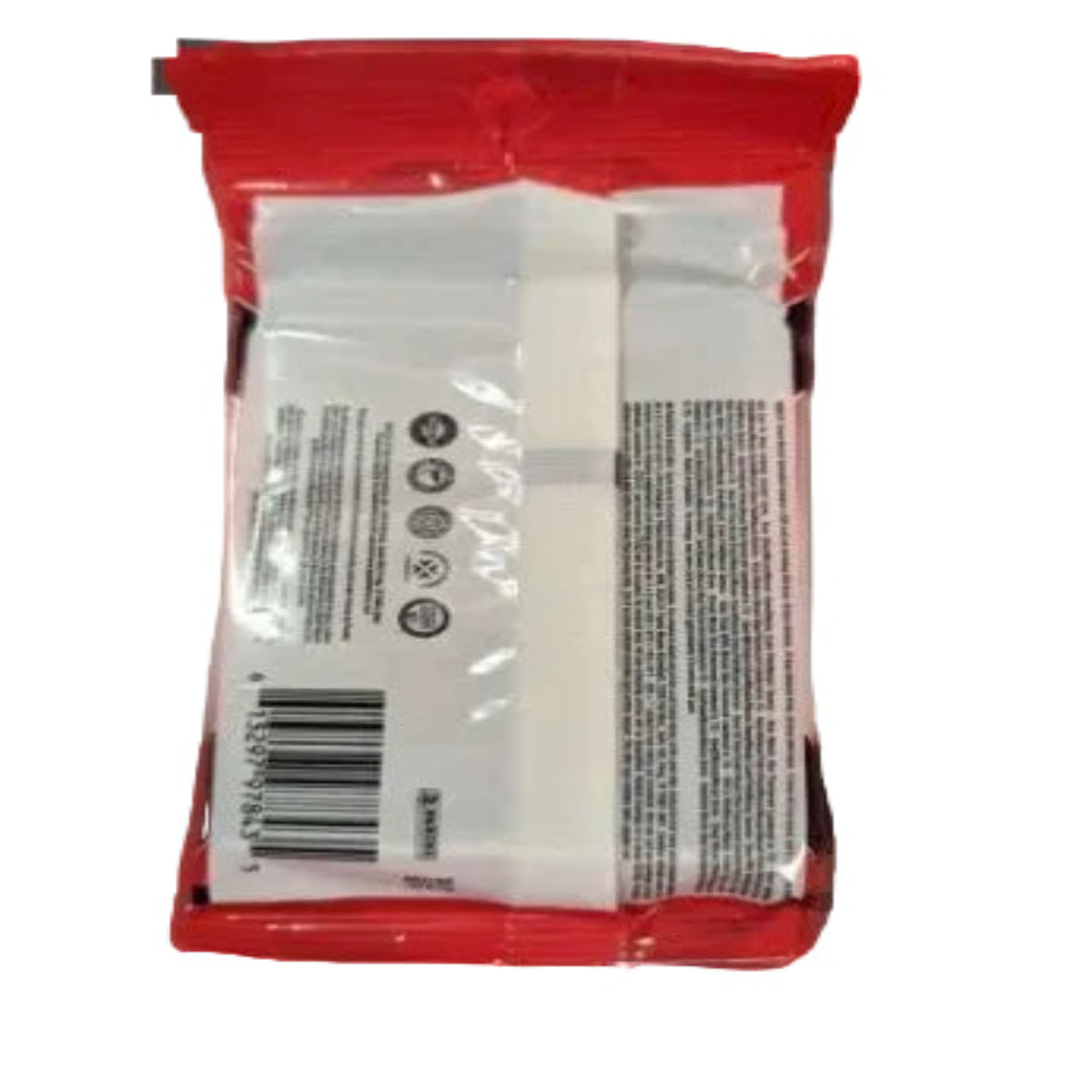 Back view of a red and white snack package with visible text and barcodes.