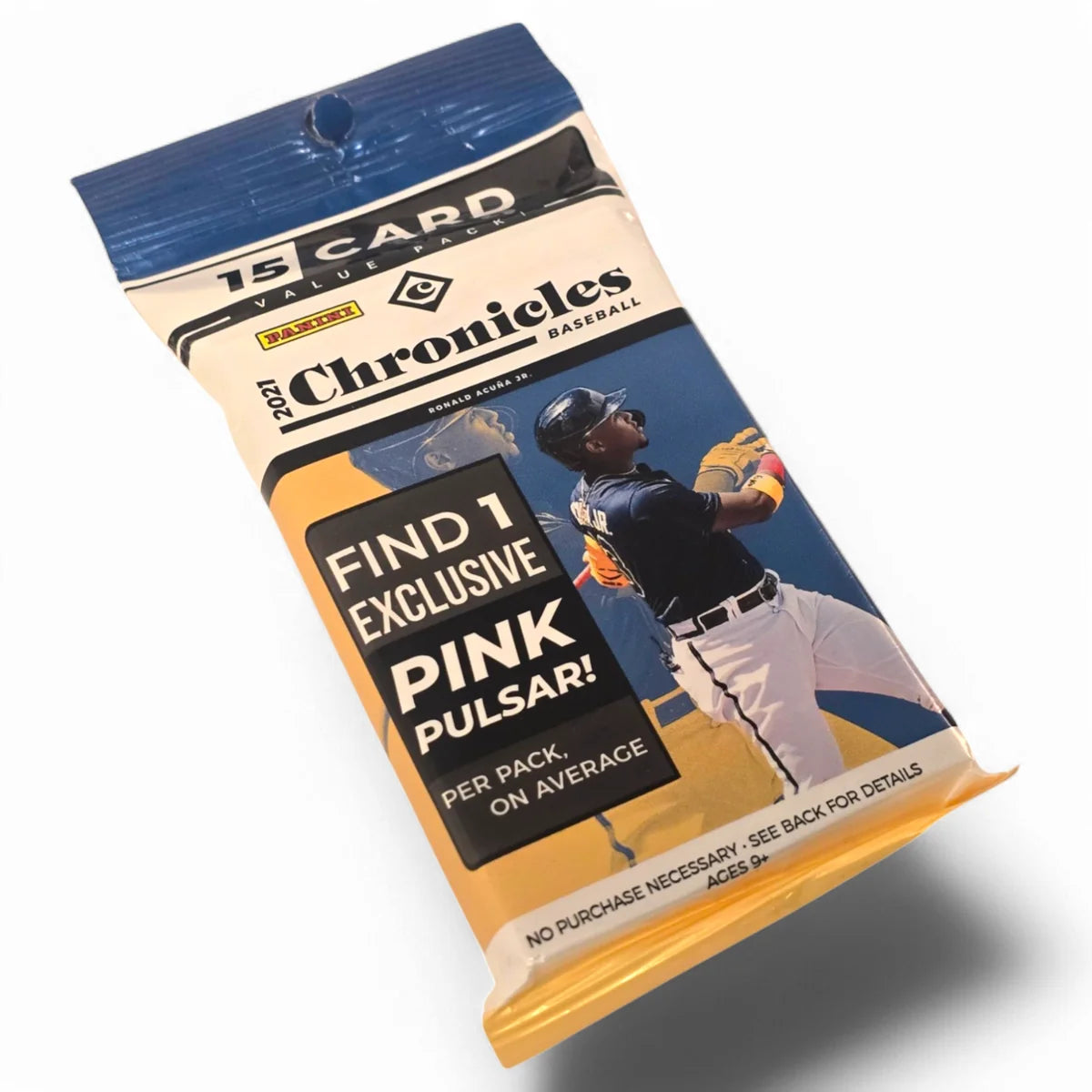 Packaging of 2021 Panini Chronicles Baseball Value Pack with a baseball player image and a promise of finding 1 exclusive Pink Pulsar parallel card per pack.