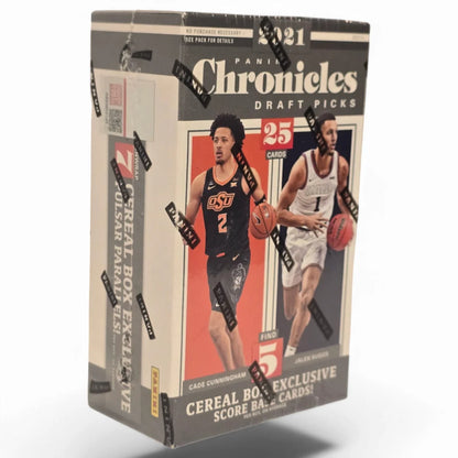 A box of 2021-22 Panini Chronicles Draft Picks Basketball cards, featuring images of two basketball players in motion.