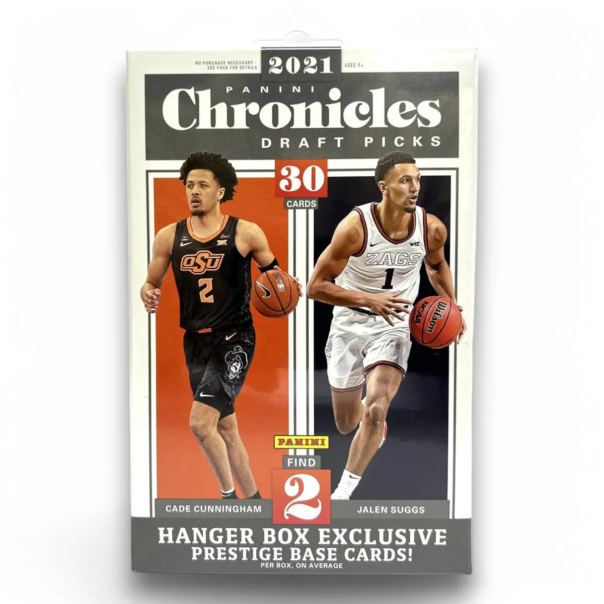 Packaging for 2021 Panini Chronicles Basketball Draft Picks Hanger Box featuring two basketball players on the front.