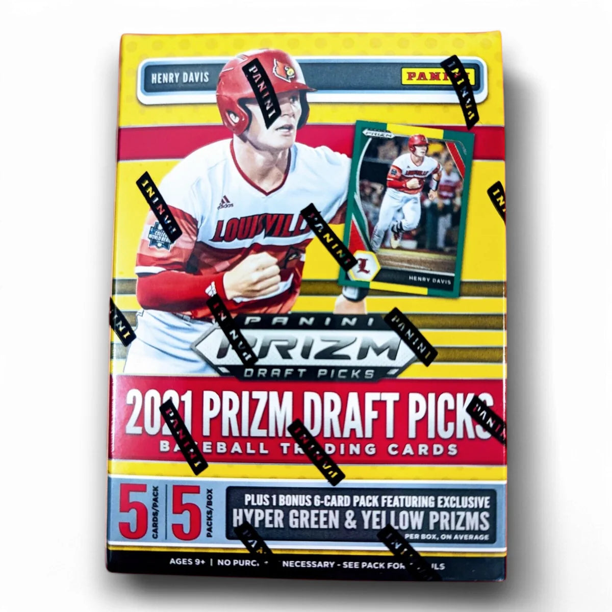 A sealed blaster box of 2021 Panini Prizm Draft Picks Baseball cards featuring a player in a red uniform on the cover, with yellow and green accents.