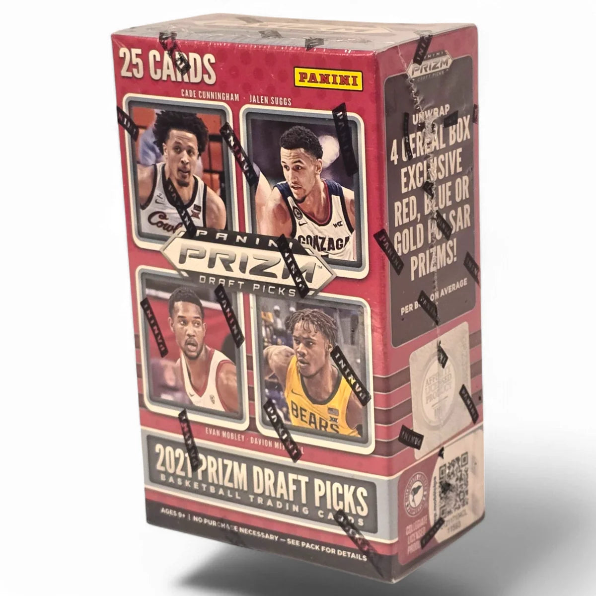 A cereal box featuring basketball trading cards with images of players and the text '2021 PRIZM DRAFT PICKS'. The box is sealed and displays the Panini logo.