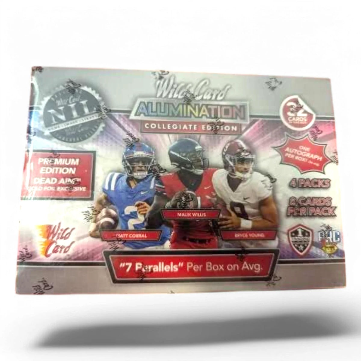 Packaging for 2021 Wild Card Alumination Collegiate Football trading cards featuring images of football players and collectible card logos.
