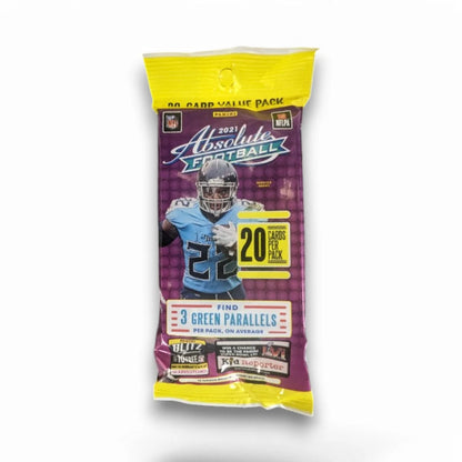 A sealed value pack of 2021 Panini Absolute Football trading cards featuring images of NFL players, with the specific card inserts mentioned as Green Parallels and Kaboom! or Explosive.