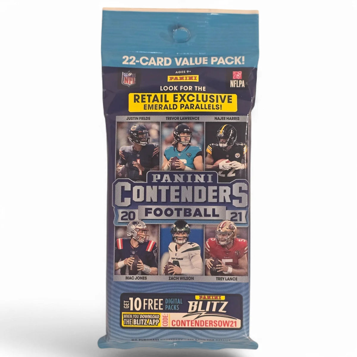 A sealed value pack of 2021 Panini Contenders Football cards, featuring images of football players and the text '22-CARD VALUE PACK! RETAIL EXCLUSIVE EMERALD PARALLELS'.