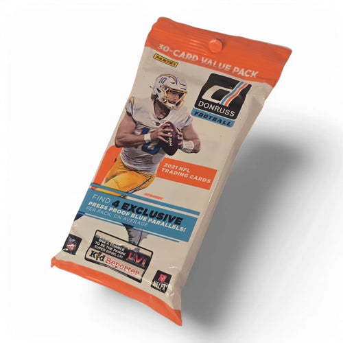 A sealed value pack of 2021 Panini Donruss Football trading cards featuring an image of an NFL player in mid-action.