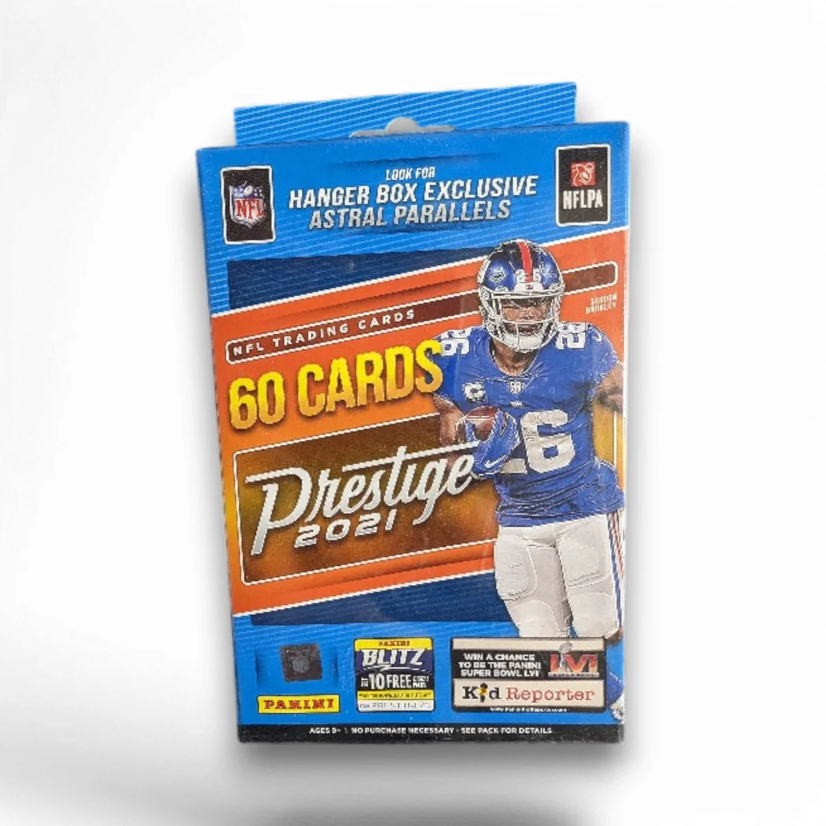 A sealed 2021 Panini Prestige Football Hanger Box featuring an image of a football player on the packaging and branding for the product.
