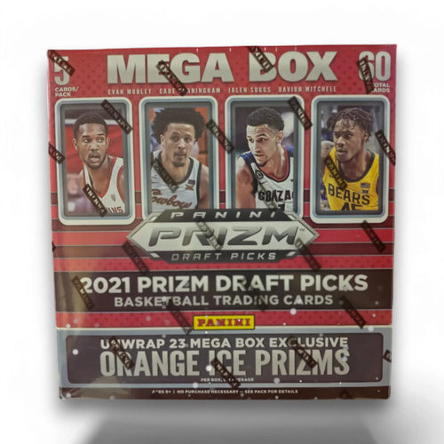 Packaging of 2021 Panini Prizm Draft Picks Basketball Mega Box with images of three basketball players and the text highlighting the exclusive Orange Ice Prizms.