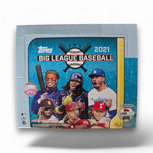 A sealed hobby box of 2021 Topps Big League Baseball trading cards featuring images of MLB players on the packaging.