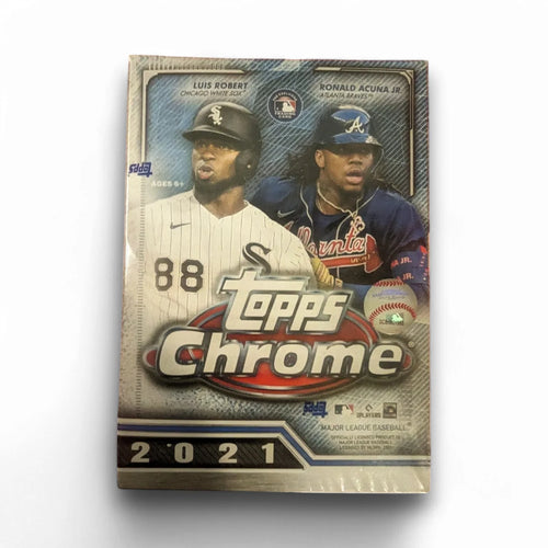 Front cover of a 2021 Topps Chrome Baseball Blaster Box featuring two baseball players and the product name and year.