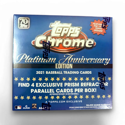 A sealed original retail packaging of 2021 Topps Chrome Platinum Anniversary Baseball Mega Box with blue packaging.