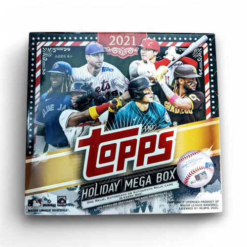 2021 Topps Holiday Baseball Mega Box packaging featuring images of baseball players and festive holiday elements.