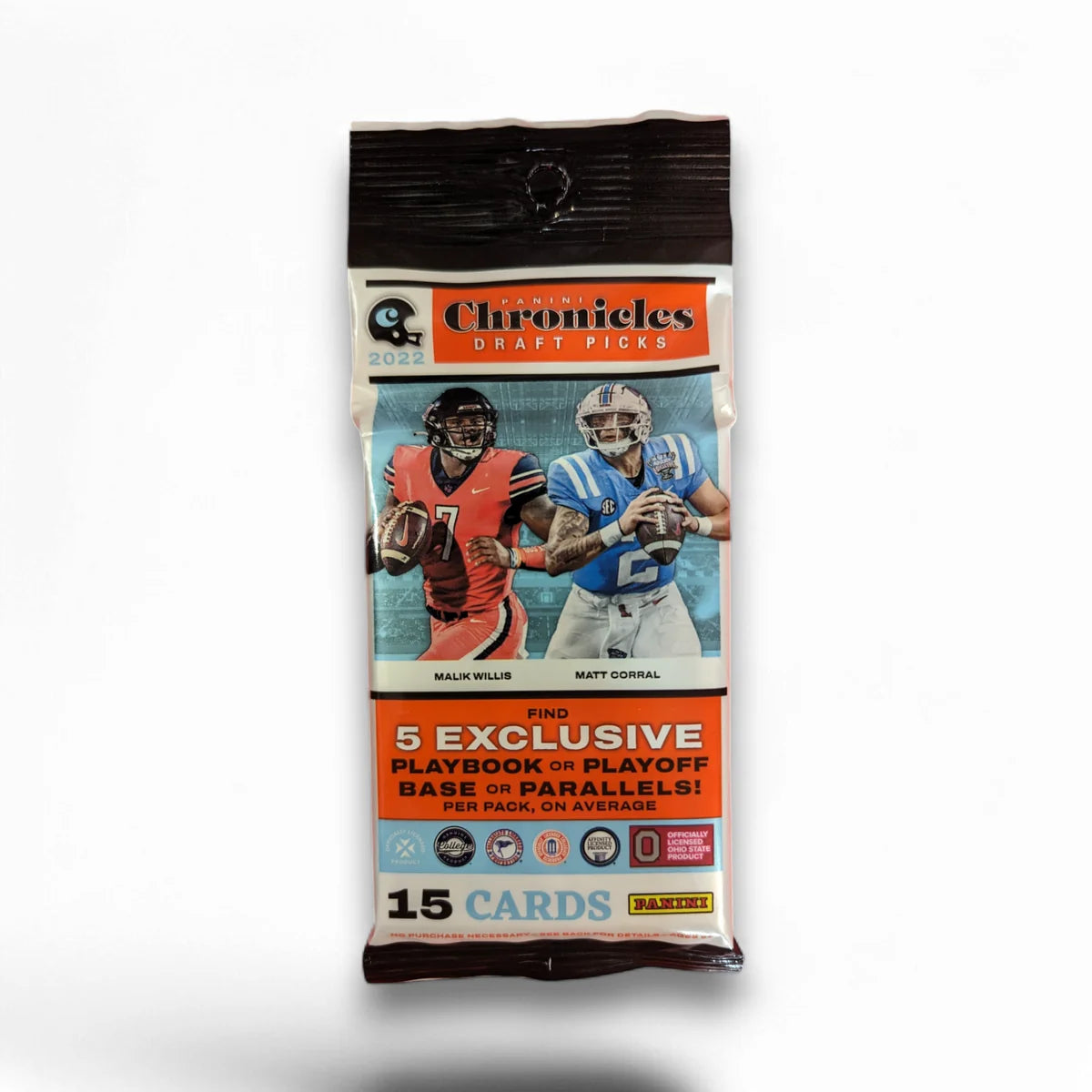 A sealed value pack of 2022 Panini Chronicles Draft Picks Football trading cards featuring images of NFL players on the packaging.
