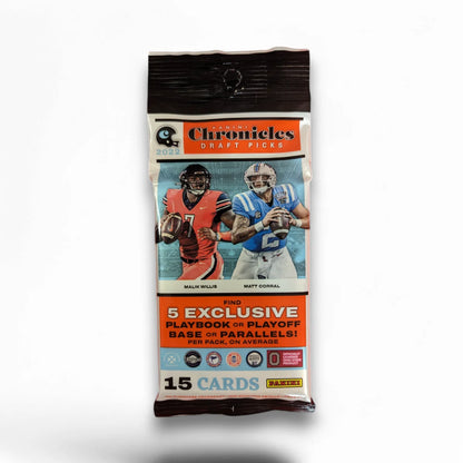 A sealed value pack of 2022 Panini Chronicles Draft Picks Football trading cards featuring images of NFL players on the packaging.