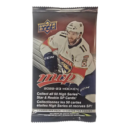Sealed retail packaging of 2022-23 Upper Deck MVP Hockey cards featuring an image of an NHL hockey player and brand logos.