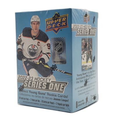 Hockey trading card pack with player image and branding on a white background