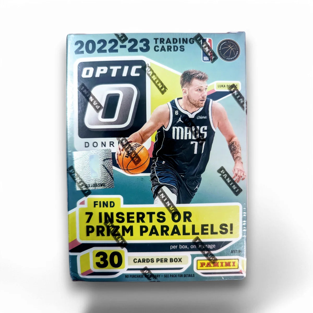 Packaging of 2022-23 Donruss Optic Basketball Blaster Box with an image of a basketball player and brand logos.