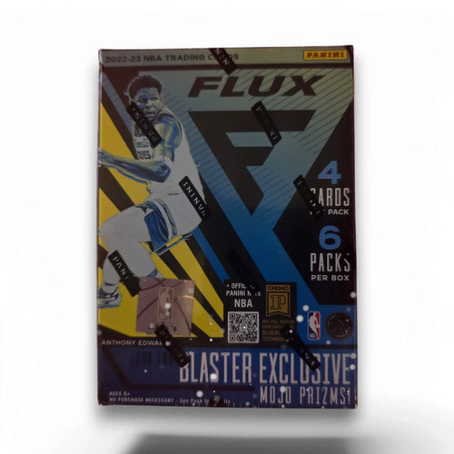A sealed retail package of 2022-23 Panini Flux Basketball cards, featuring images of NBA players and text related to the product.