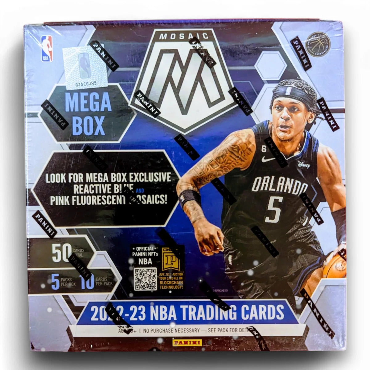 A sealed original retail packaging of 2022-23 Panini Mosaic NBA trading cards Mega Box featuring a player from Orlando Magic on the front.