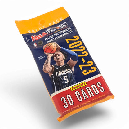 A pack of 2022-23 Panini NBA Hoops Basketball cards featuring a player in mid-action shooting a basketball, with a mix of teal and orange design elements.