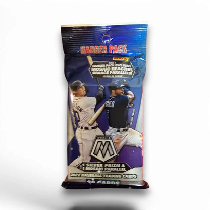 A sealed hanger pack of 2022 Panini Mosaic Baseball cards featuring images of two baseball players in action with a blue and purple design.