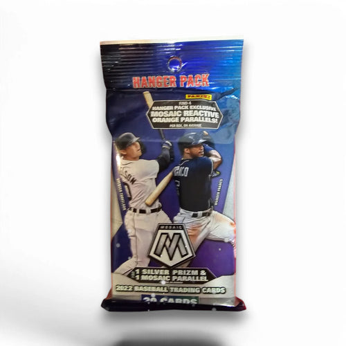 A sealed hanger pack of 2022 Panini Mosaic Baseball cards featuring images of two baseball players in action with a blue and purple design.
