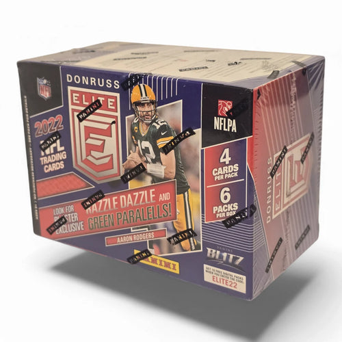 A sealed original retail packaging of 2022 Panini Donruss Elite Football Blaster Box featuring images of NFL players and product details.