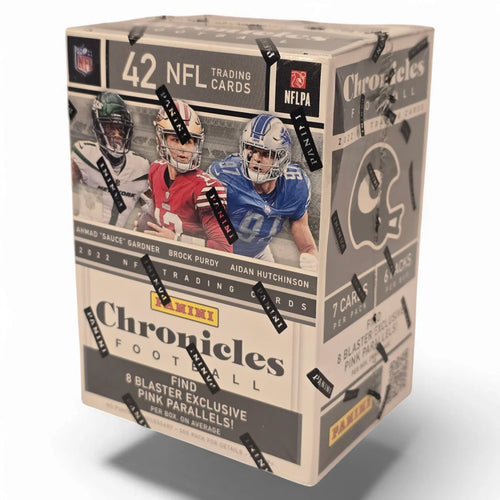 A sealed blaster box of 2022 Panini Chronicles Football trading cards featuring images of NFL players and the text '42 NFL Trading Cards' on the packaging.